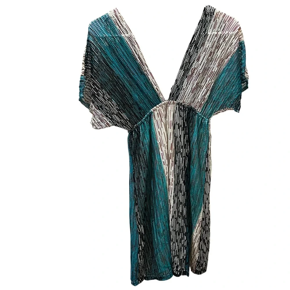 Paradise USA Open Knit‎ Turquoise, Black, Tan Beach Coverup Women's Size Medium